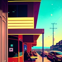 a painting of a building with a neon sign